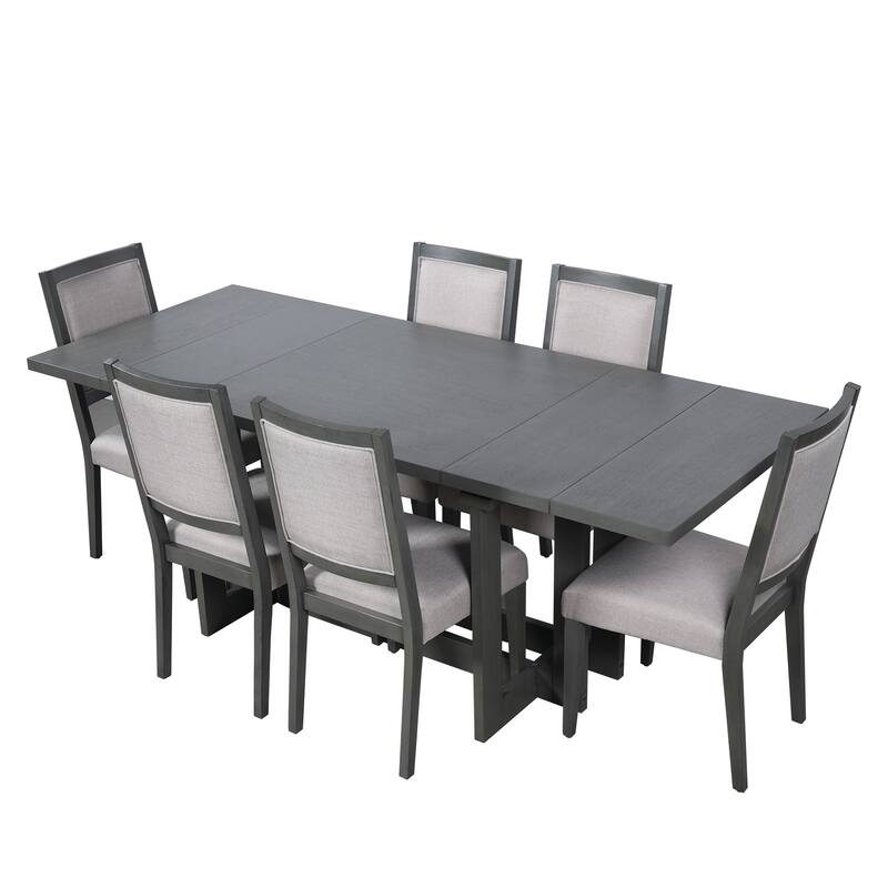 82" Rustic Extendable Dining Table Set: 7-Piece Trestle Table with 6 Upholstered Chairs & 2 Removable Leaves