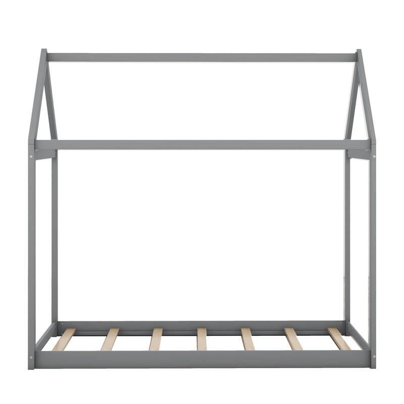 Twin Size Wood House Floor Bed, Wooden Montessori Bed Frame with Roof, Playhouse Twin Bed Frame for Kids, Teens, Boys or Girls