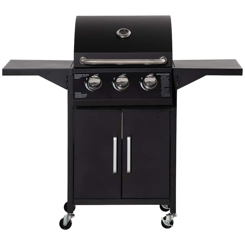 Outsunny 3 Burner Gas Grill, Outdoor Portable Propane Grill with Wheels, Carbon Steel Barbecue Trolley with Warming Rack, Side