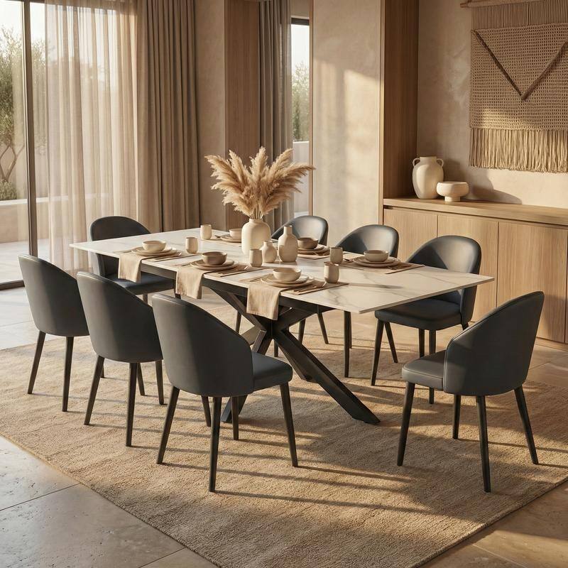 Luvic Extendable Sintered Stone Dining Table - Modern Rectangular Table with Steel Cross-Base