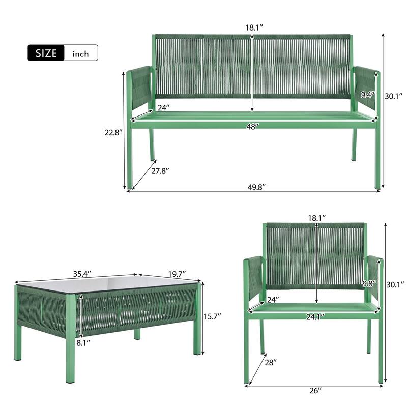 4-Piece Patio Furniture Set, Outdoor Garden Conversation Set with Tempered Glass Table, Deep Seating and Thick Cushion
