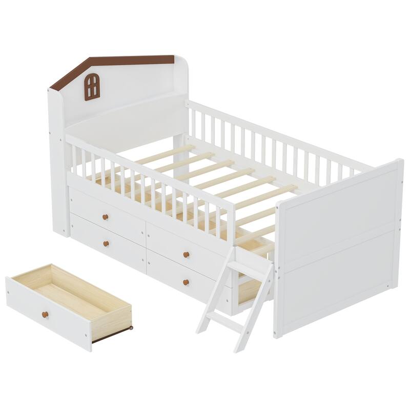 Twin Size Platform Bed Frame with 4 Storage Drawers & Guardrail Headboard for Bedroom, Wooden Kids Storage Bed with Ladder