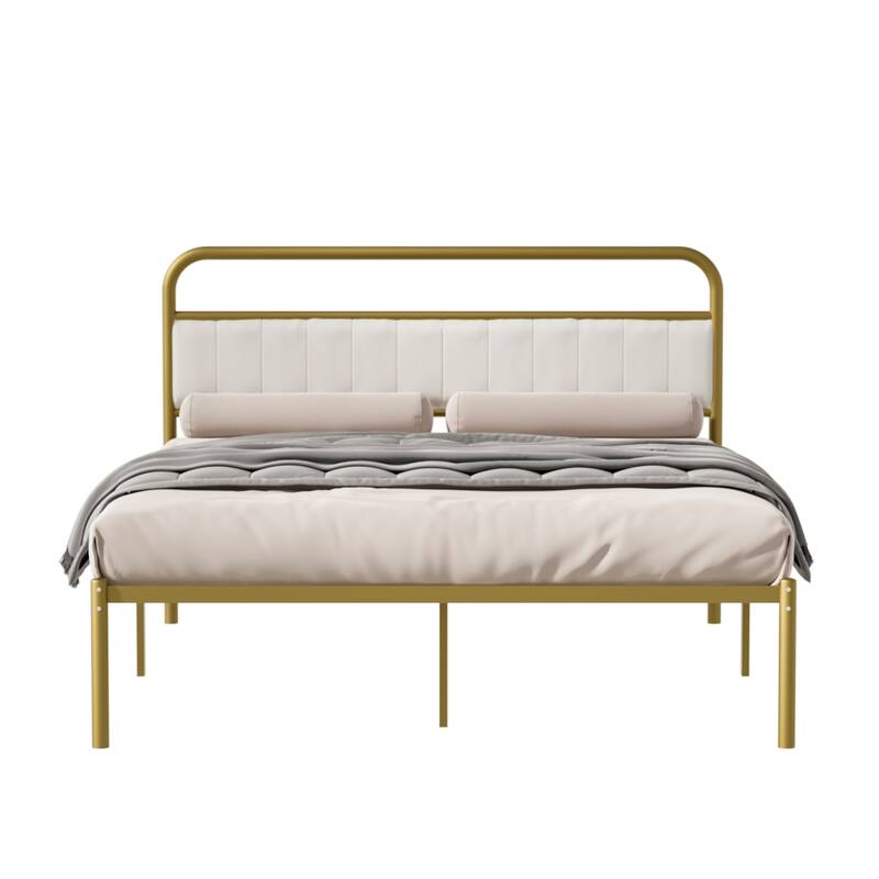Queen Size Metal Platform Bed Frame with Upholstered Headboard Cushion, Gold Frame