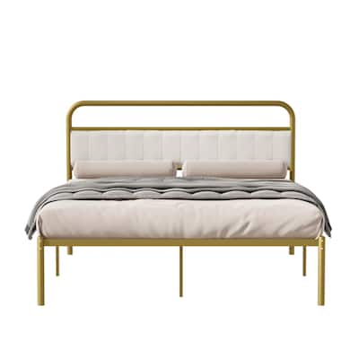 Queen Size Platform Bed, Steel Bed Frame with Upholstered Headboard