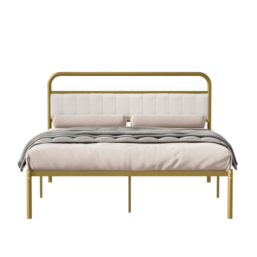 Queen Size Platform Bed, Steel Bed Frame with Upholstered Headboard