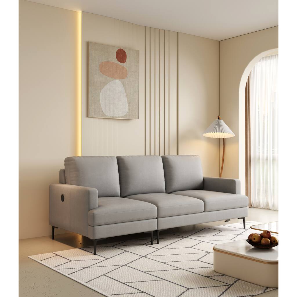 Light Gray Luxury 77" Genuine Leather 3-seater Sofa with USB Charger