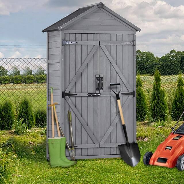Outdoor Wood Lean-to Lockable Storage Shed Tool Organizer with Waterproof Asphalt Roof - 5.8ft x 3ft - Grey