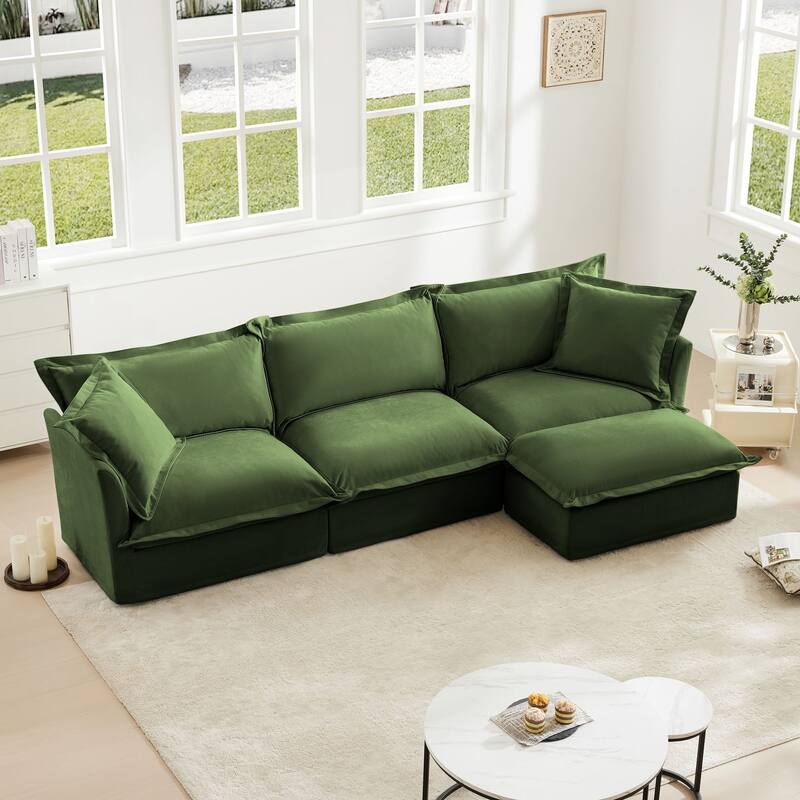 Modern 3 Seater Upholstered Sofa with 1 Ottoman and 2 Pillows