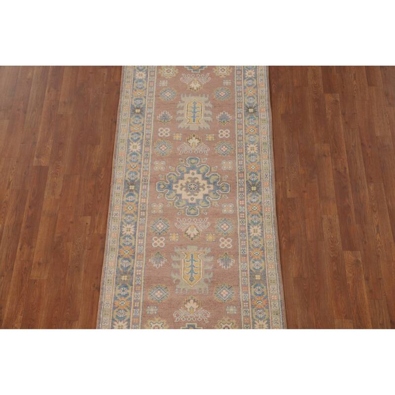Geometric Brown Kazak Runner Rug Handmade Wool Carpet - 2'10" x 8'4"