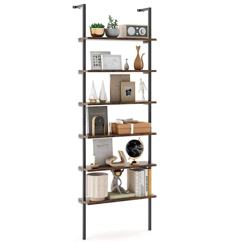 6-Tier Vertical Ladder Shelf 72" Tall Bookshelf with Metal Frame - Brown