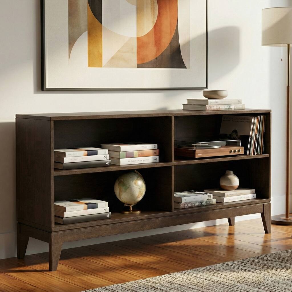 WYNDENHALL Pearson 30 x 64"Solid Wood Mid Century 4-Shelf Low Bookcase in Walnut Brown - 14"D x 64"W x 30"H