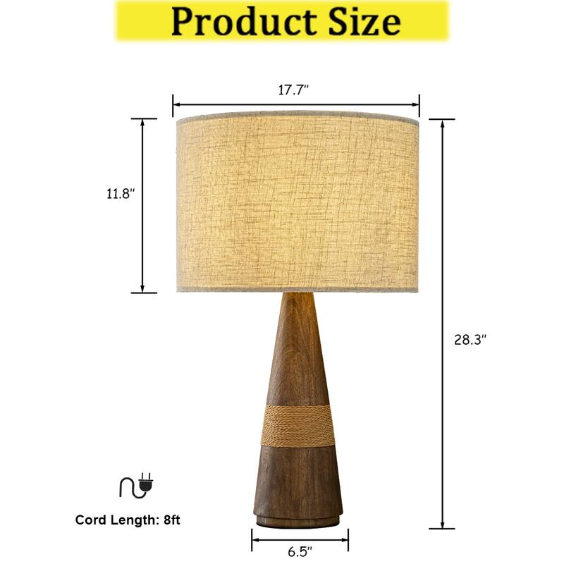 CraftHome Farmhouse Honey Brown Wood Bedside Table Lamp Drum Shape Nightstand Lamp with Beige Fabric Shade for Bedroom - W18''