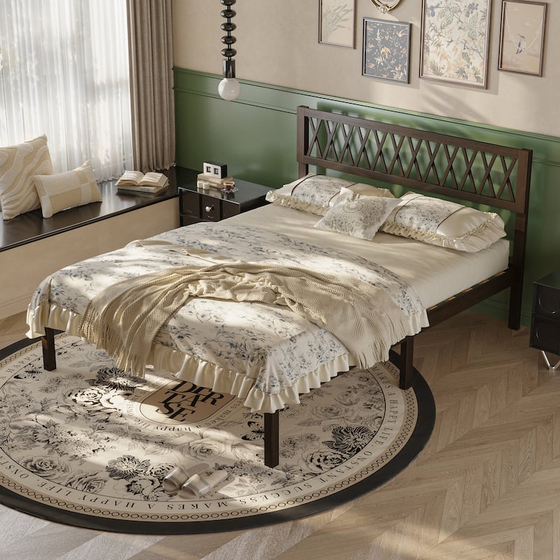 Solid Rubber Wood Platform Bed Frame with Decorative Headboard Queen Size Wooden Bed