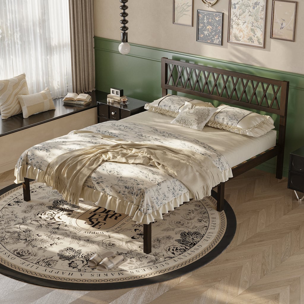 Solid Rubber Wood Platform Bed Frame with Decorative Headboard Queen Size Wooden Bed