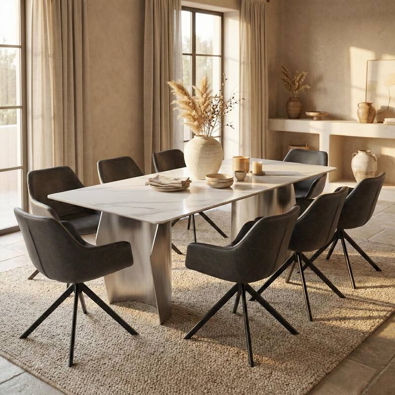 Zelan Mid-Century Modern Sintered Stone Dining Table - Rectangular Kitchen Table with Semi-Circular Steel Legs