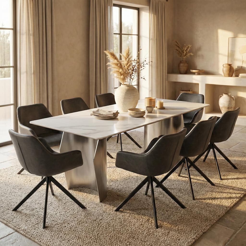Zelan Mid-Century Modern Sintered Stone Dining Table - Rectangular Kitchen Table with Semi-Circular Steel Legs