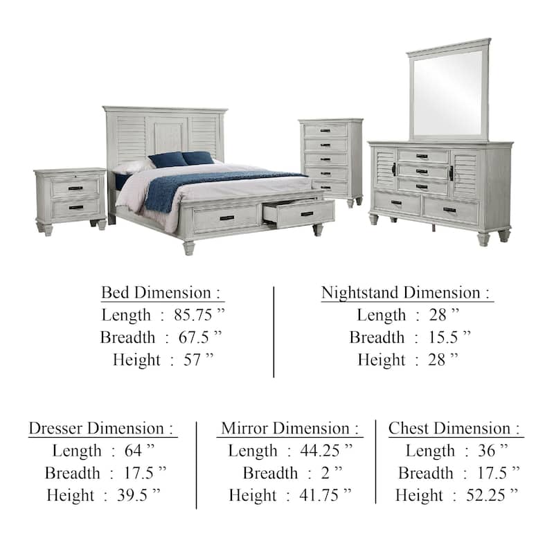 Eli 5 Piece Queen Bedroom Set, Footboard Storage, Rustic White Wood