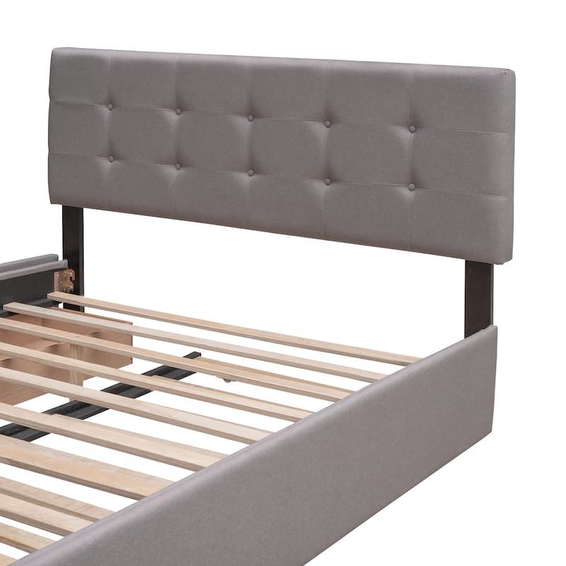 Upholstered Platform Bed with 2 Drawers and 1 Twin XL Trundle, Linen Fabric, Queen Size