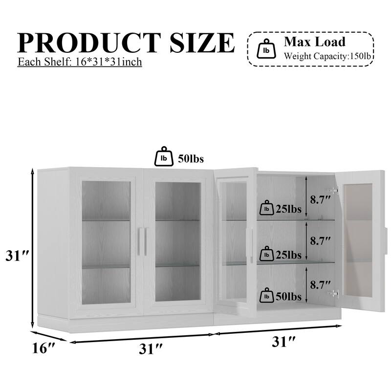 Dovelina Sideboard Buffet Storage Cabinets with Adjustable Shelves,Glass Door - 62"Lx31"H