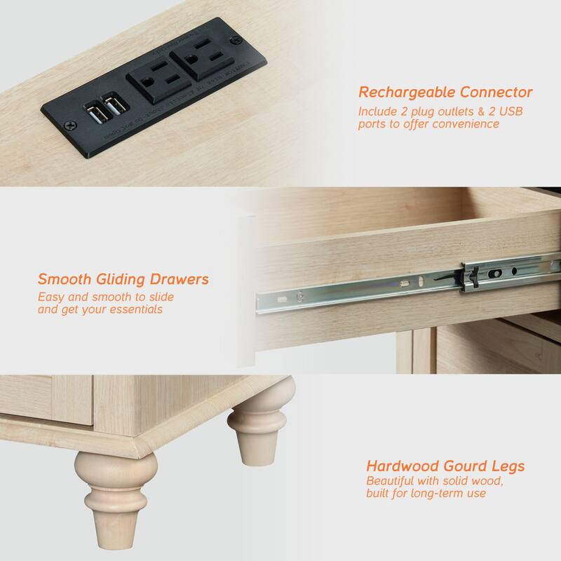 End Table with Charging Station, Side Table with Storage, 2 Power outlets & 2 USB Ports for Living Room