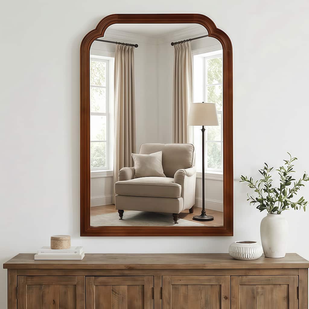 Black Walnut Color 24" x 36" Solid Wood Frame Rounded Corner Decorative Mirror, For Bedroom, Bathroom, Living Room, Entryway