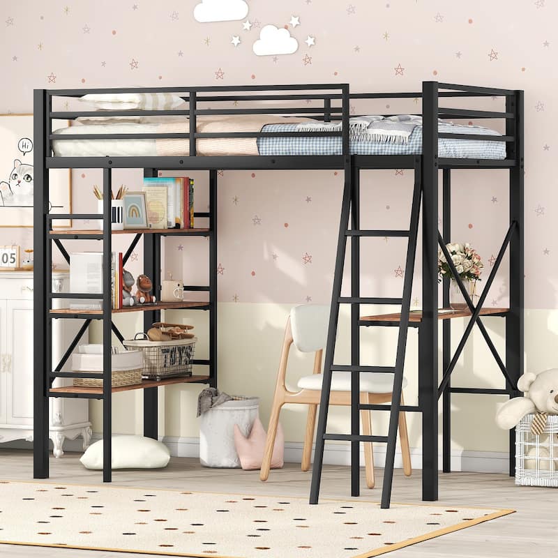 Roomfitters Twin Metal Loft Bed with Integrated Desk, Wall Shelf and Elevated Frame Design, Black - Black - Twin