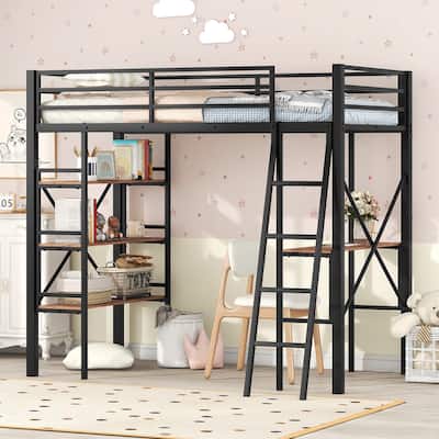 Roomfitters Twin Metal Loft Bed with Integrated Desk, Wall Shelf and Elevated Frame Design, Black