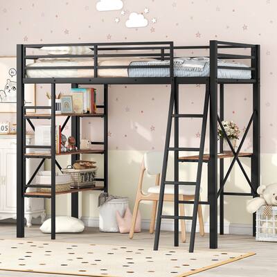 Twin Size Metal Frame Loft Bed with Shelves and Desk, Full-Length Guardrail