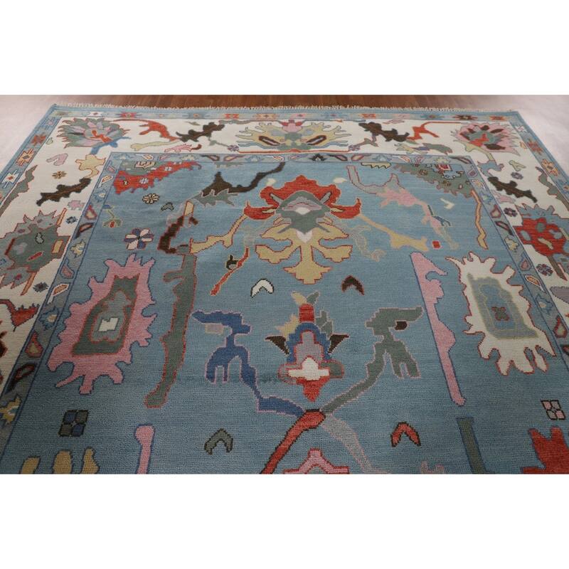 Light Blue Oushak Oriental Area Rug Hand-Knotted Wool Carpet - 9'1" x 11'10"