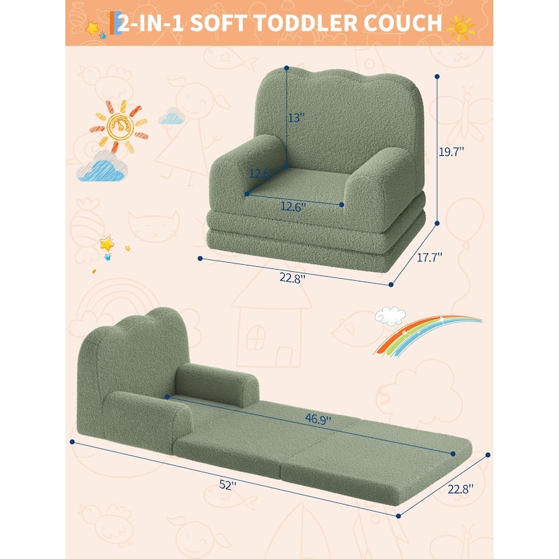 Kids Couch, 2-in-1 Convertible Teddy Fleece Fabric Toddler Sofa Chair