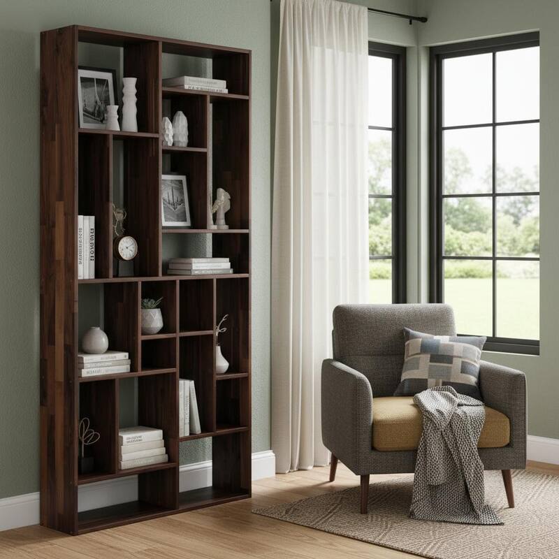 HomeRoots 86" Brown And Natural Solid Wood and Wood Ten Tier Bookcase - Brown