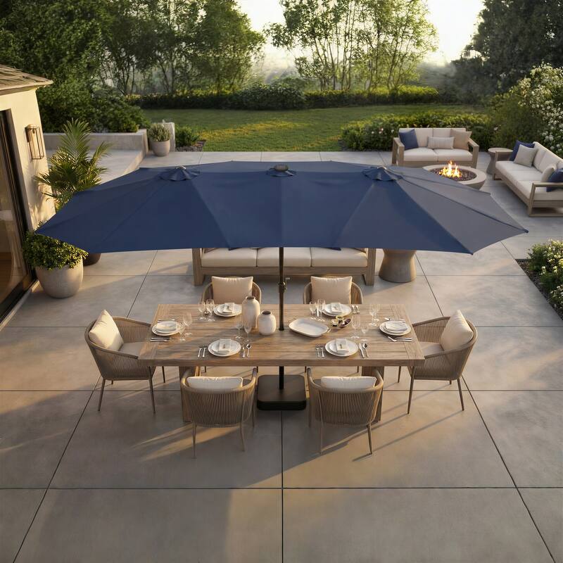 15FT Solar LED Double-Sided Patio Umbrella with Base, 12 Light Strips, 2000mAh