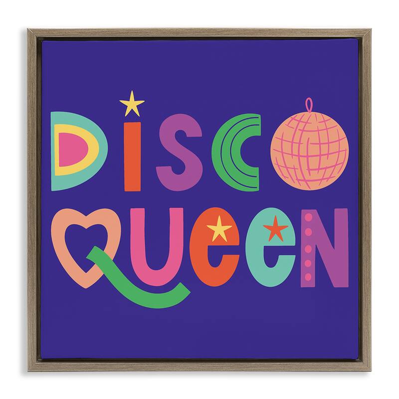 Stupell Disco Queen with Retro Letters Framed Floater Canvas Wall Art Design By Sazerelli Designs - 18 x 18 - Brown
