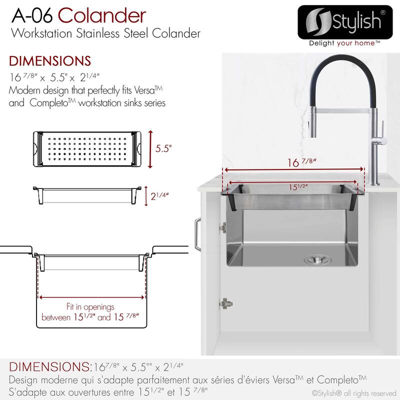 STYLISH Stainless Steel Over the Sink Colander with Non-slip Handle - External Size: 16 7/8" L x 5 1/2" W x 2 1/4" D