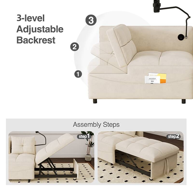 27.56" Velvet 2-Seater Sleeper Chair with USB & Storage