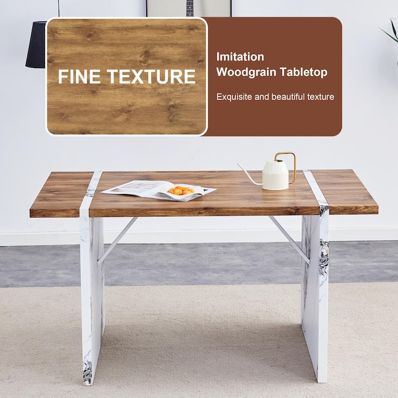 55" Wood Grain Dining Table - White Marble Legs, Stable - Natural