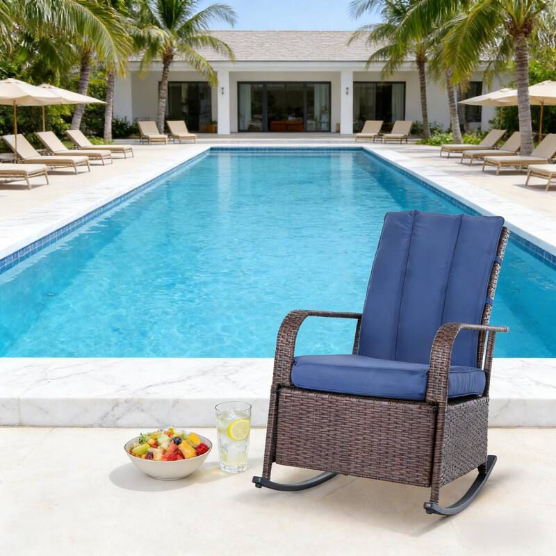 GDFStudio Outdoor Brown PE Wicker Rocking Recliner Chair - Blue+Brown