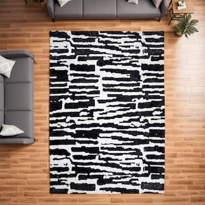 Shaw 8 x 10 Large Area Rug, Modern Abstract Design, Black Ivory Polyester - 8 x 10