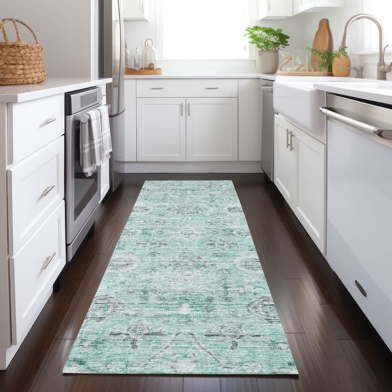 Machine Washable Indoor/ Outdoor Vintage Traditional Chantille Rug - Teal - 2'3" x 7'6"