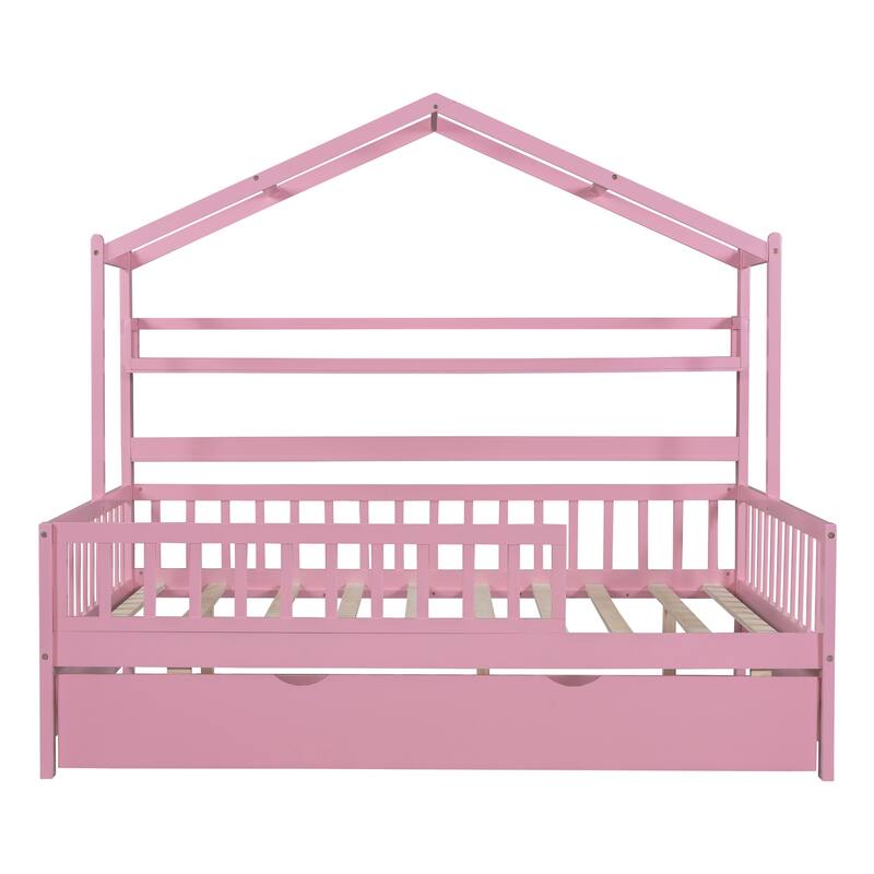 Full Pine House Bed with Trundle, Shelf & Guardrail