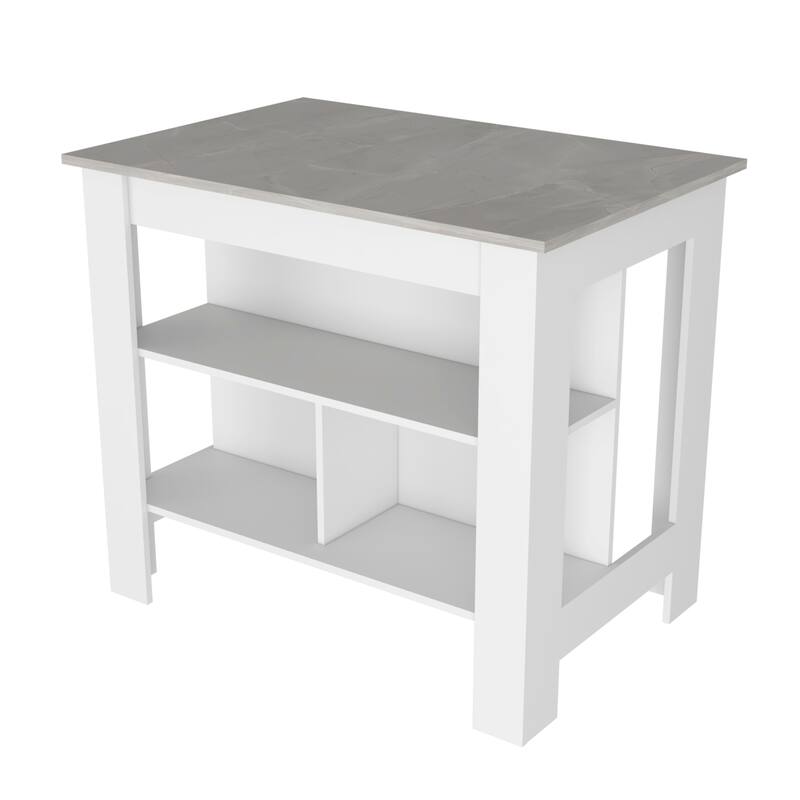 Modern Kitchen Island, 3 Storage Shelves, Spacious Top Surface, White & Walnut Finish, 35.4" Height