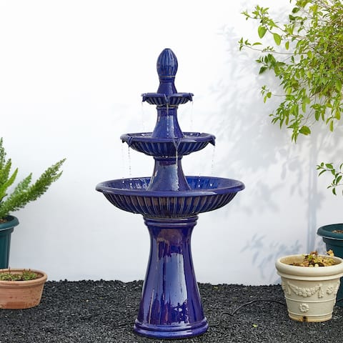 Glitzhome 45.25"H Oversized Cobalt Blue Turquoise 3-Tier Ceramic Lighted Outdoor Fountain