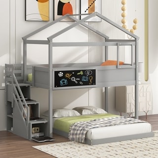 Twin over Full House Bunk Bed with Storage Staircase & Blackboard, Grey