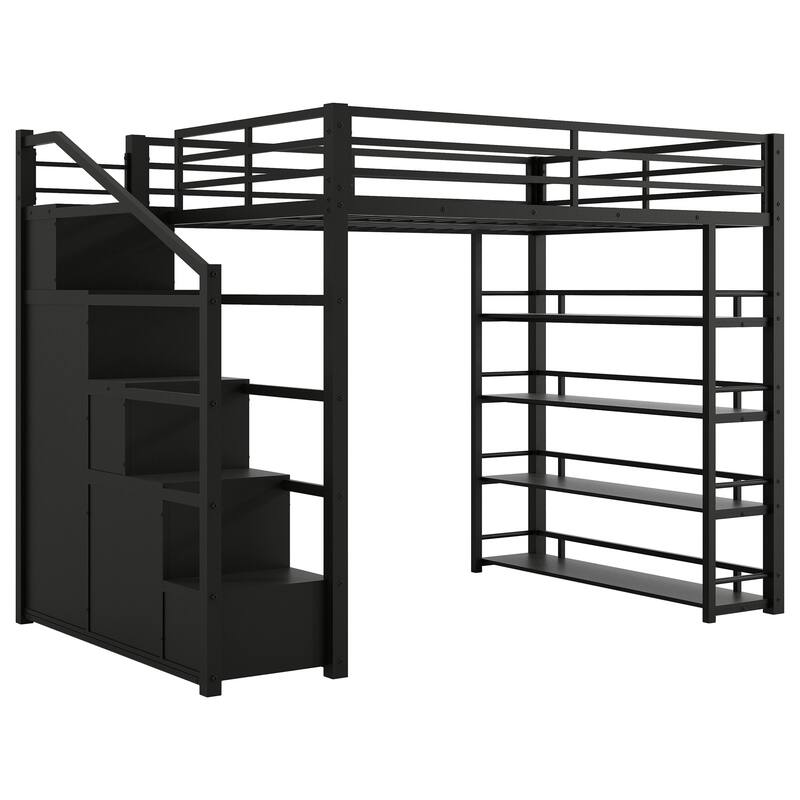 Full Size Metal Loft Bed with Storage Shelves Cabinets Wardrobe Black