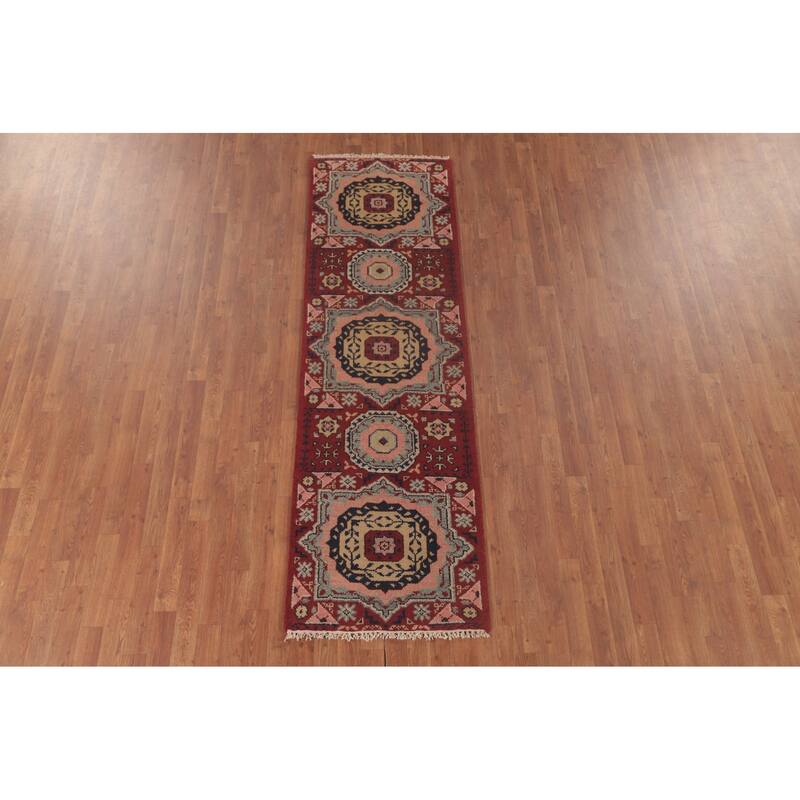 Geometric Red Kazak Oriental Runner Rug Handmade Wool Carpet - 2'5"x 8'1"