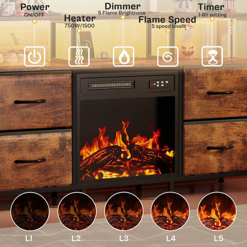 BOSSIN Fireplace TV Stand & Entertainment Center with LED Lights, 4 PU Leather Drawers, Open Shelves, and Built-in Power Outlets