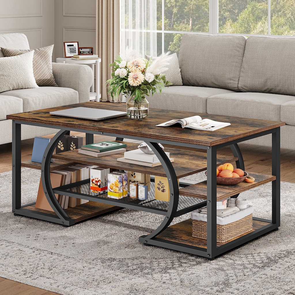 Moasis Industrial Rectangle Metal Coffee Table with Shelves for Living Room