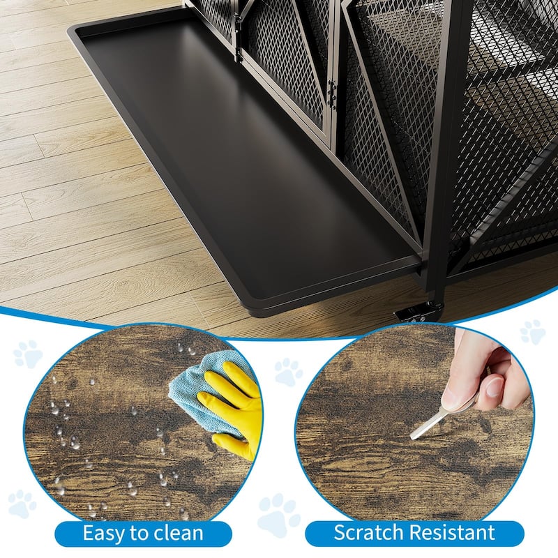 Dog Crate Furniture, Rolling 48 Inch Indoor Dog Crate with Potty Tray