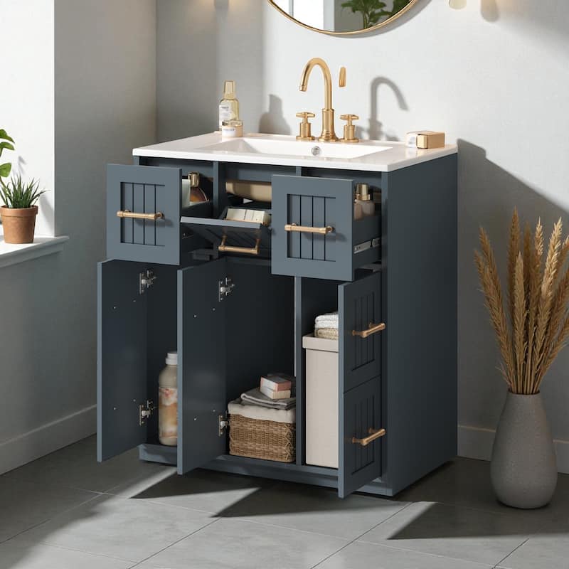 30-Inch Bathroom Vanity with Undermount Sink, Solid Wood Frame Cabinet with Tip-Out Drawer and Soft-Close Doors