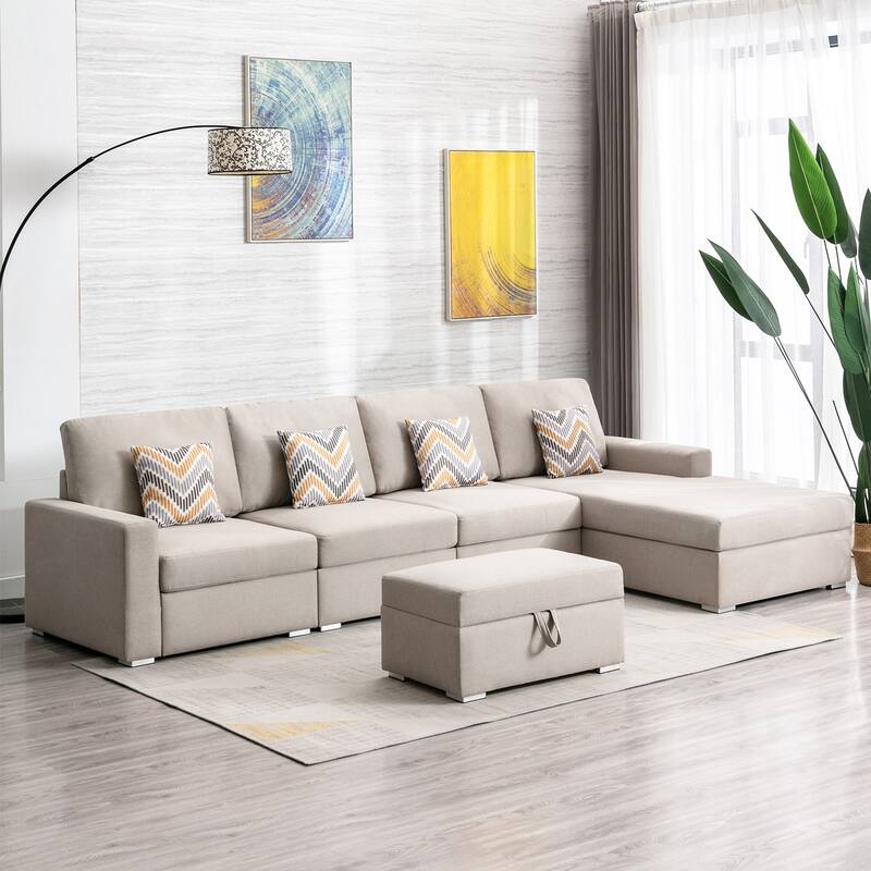 Linen Fabric 5 Piece Reversible Sofa Chaise with Interchangeable Legs, Storage Ottoman, and 4 Pillows in Beige